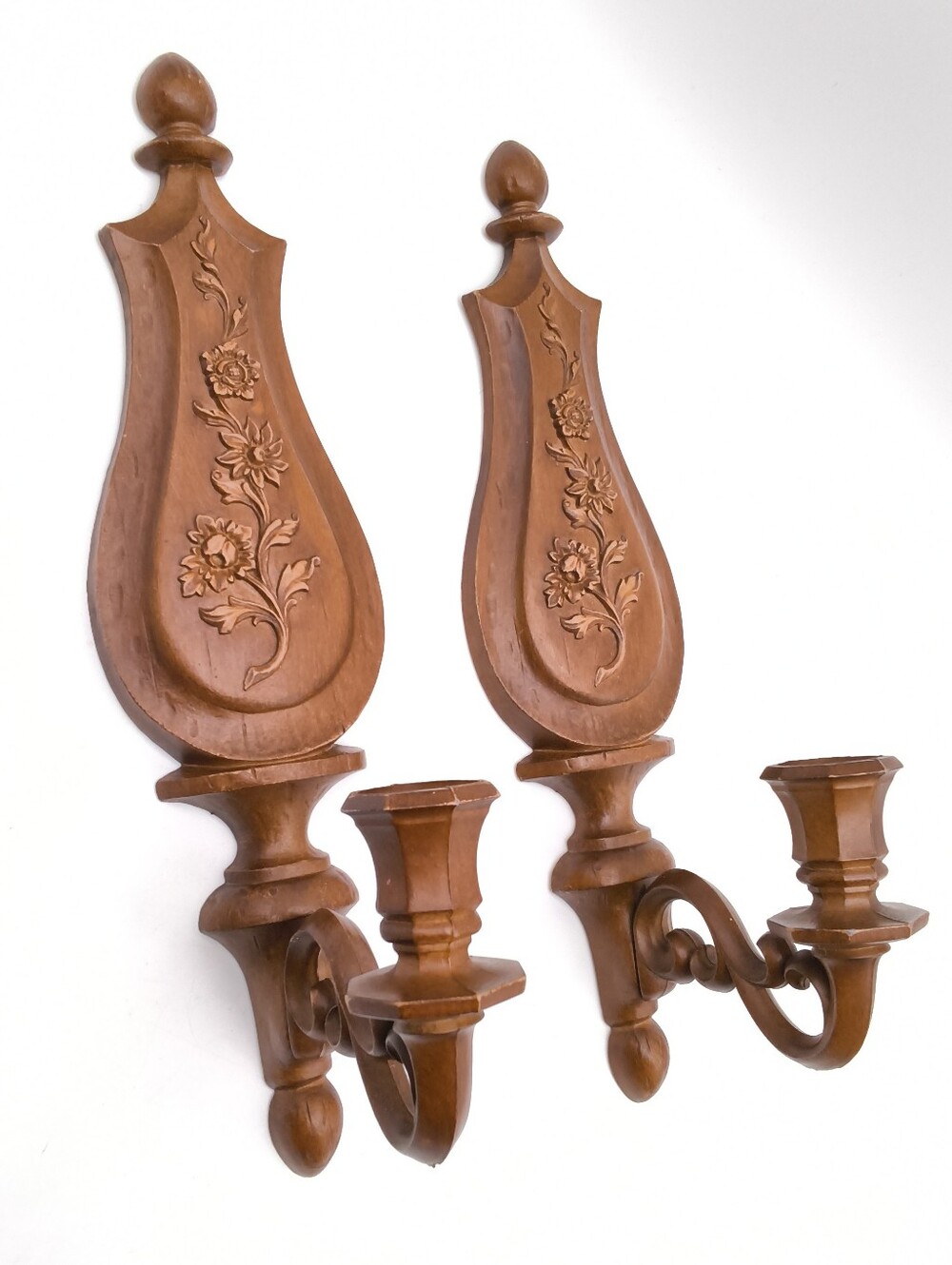 1965 Dart Faux Wood Resin Wall Sconces Pair - Floral Hollywood Regency